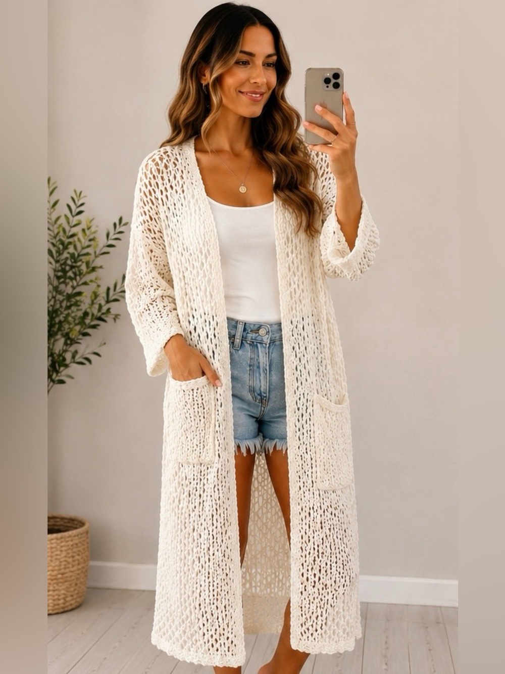 POL Oversized White Open Knit Crochet Duster Cardigan Boho Beach Cover-Up Medium